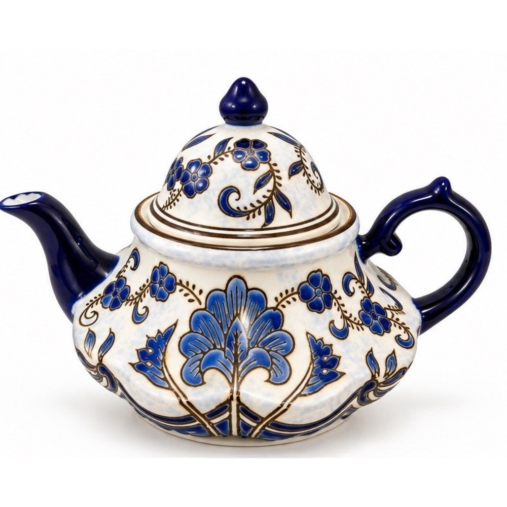 Blue White Floral Ceramic Teapot Cobalt Raised Design Chinoiserie Style 10"